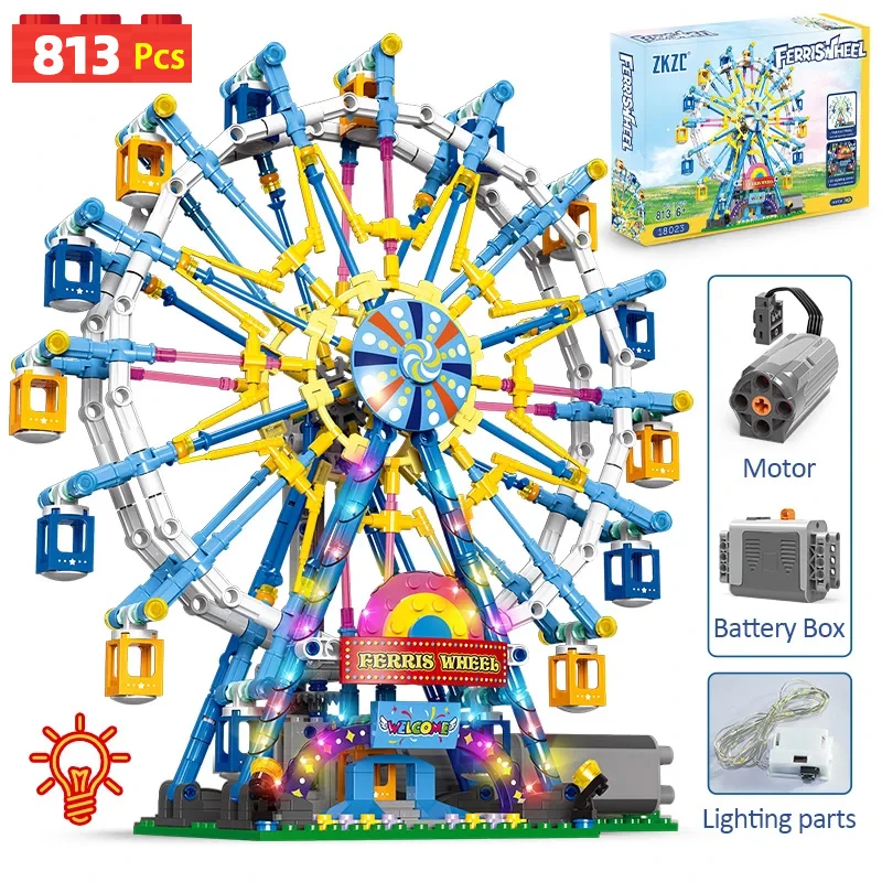 ZKZC City Friends MOC Blocos de construção de roda gigante rotativa, tijolos elétricos com brinquedos leves para crianças, presentes de Natal