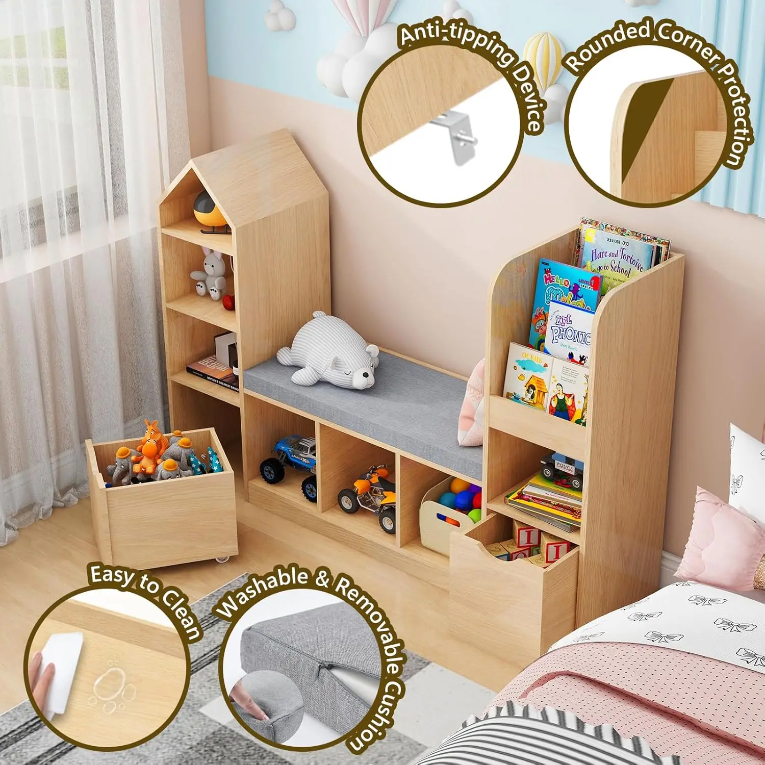 Kids Bookcase and Bookshelf with Reading Nook, Oak Bookcase with 7 Storage Cubbies 2 Movable Drawers, Bookcase with Seat