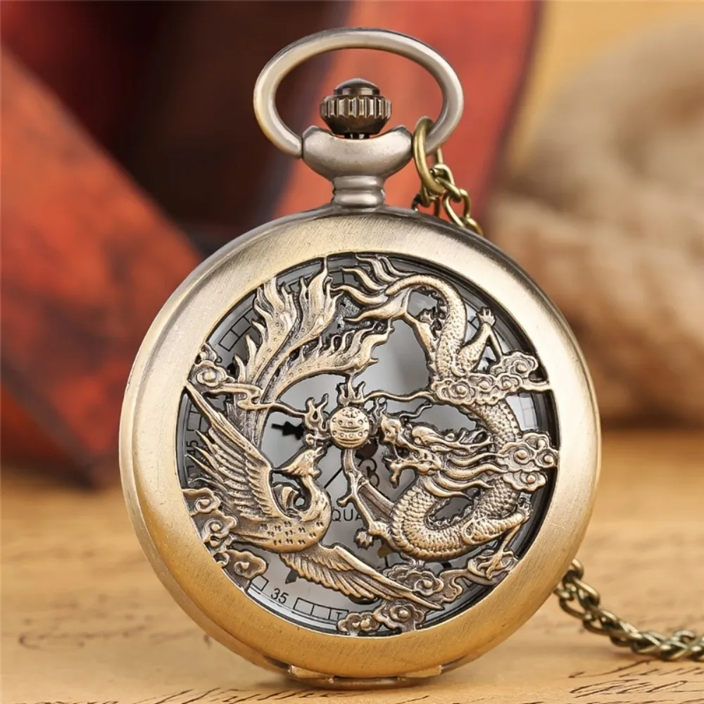Antike Doppeldrachen spielen mit Perlenmuster, Quarz-Taschenuhr mit Halskette, Vintage-Geschenk für Männer, Frauen und Kinder