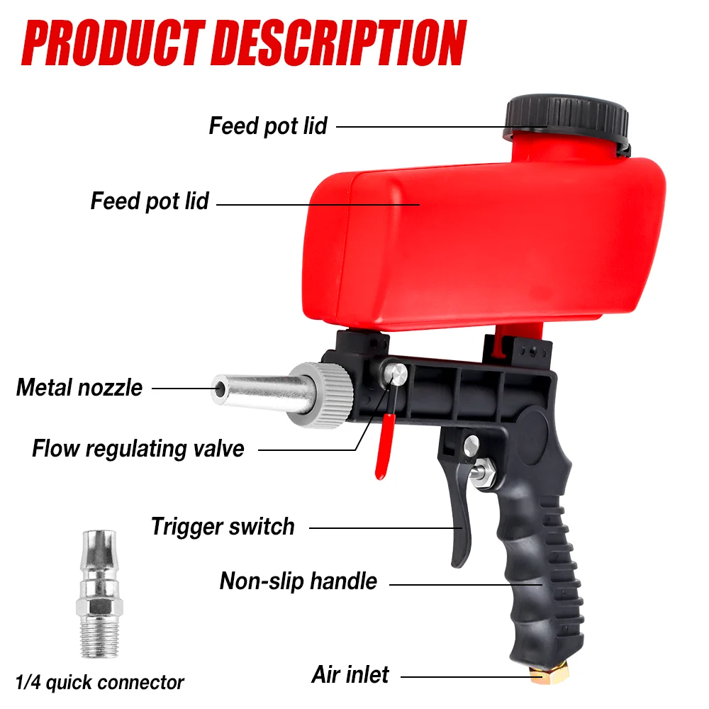 Pistola de chorro de arena neumática ajustable de 90 psi, máquina de chorro de arena portátil para el hogar de 2,1 libras, herramienta de aire de mano pequeña por gravedad inalámbrica, eliminación/pulido de óxido