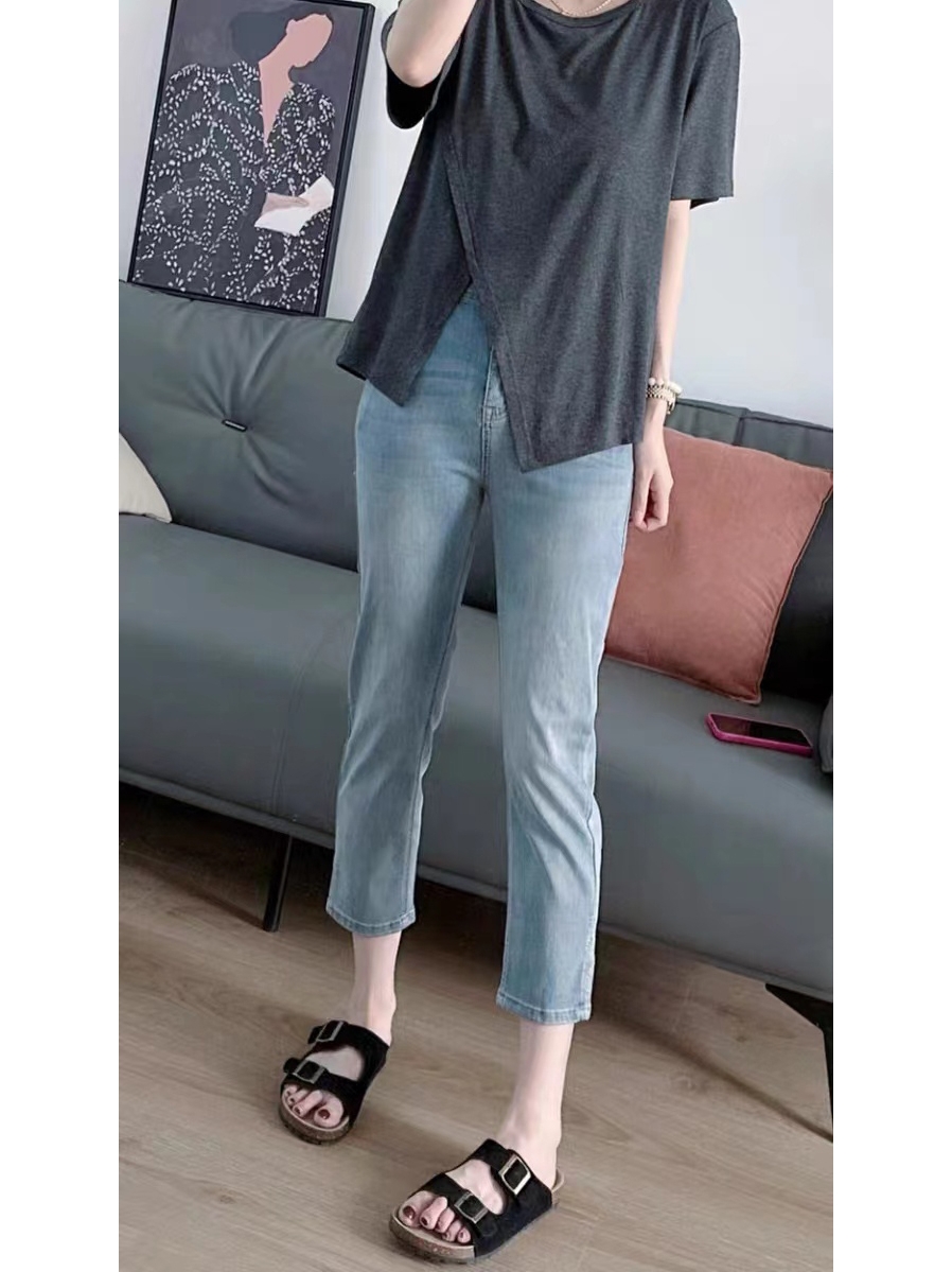 High Waist Slimming Straight Leg Jeans Women's Elastic Slit Casual Cotton Stretch Denim Spring Autumn plus Size Faion