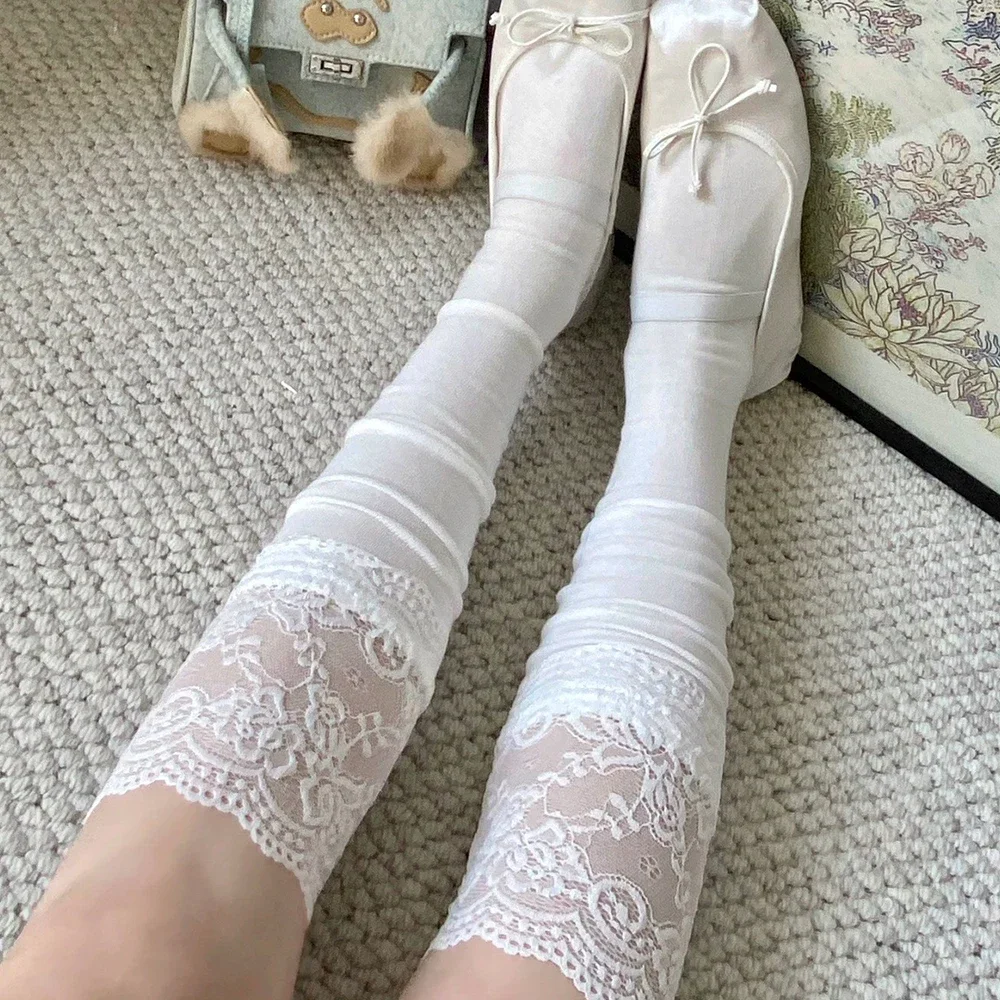 Medias sexis con cordones hasta la rodilla, Medias largas por encima de la rodilla para mujer, Medias altas hasta el muslo, Medias cálidas y sexis de mezcla en negro y blanco