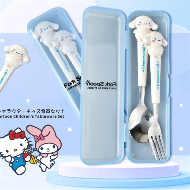 Sanrio Zastawa stołowa dla dzieci Hello Kitty Melody Kuromi Silikonowa zastawa stołowa Dwuczęściowy zestaw Cinnamoroll Widelec Łyżka Prezenty dla dzieci