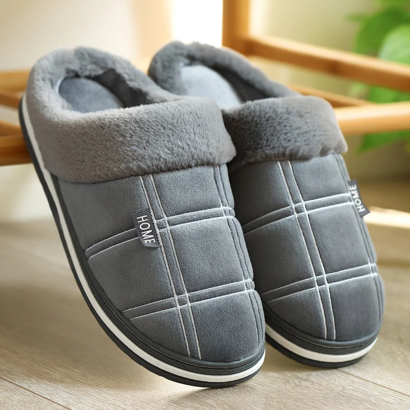 Hausschuhe für Herren, kariert, warm, weich, bequem, rutschfest, Wohnzimmerschuhe, stabile Sohle, große Größe 40–50