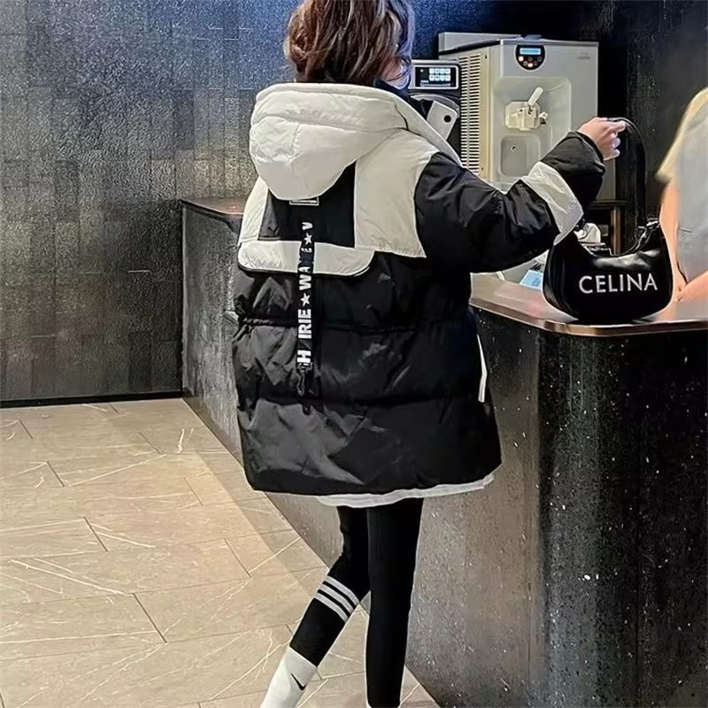 冬の女性のダウンコットンコート韓国女性すべて一致パーカージャケット 2024 レディースフード付きスプライシング一緒にフグ生き抜く