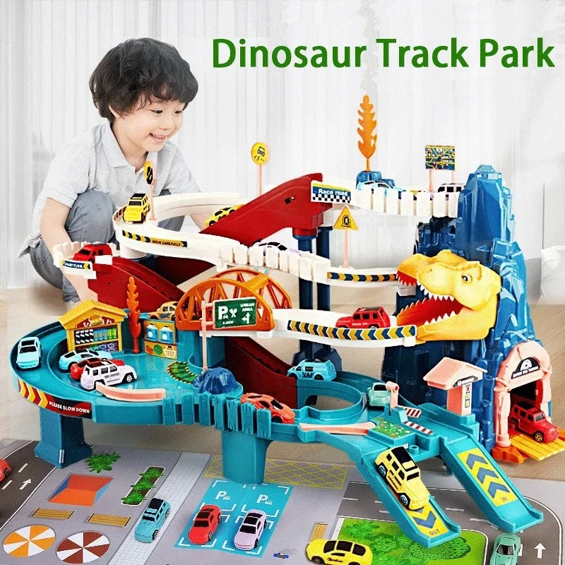 Dinosaurio eléctrico, pista de montaña, coche, juego de aventura, coche ferroviario de carreras, juguetes, pista, tren interactivo, juguetes educativos para niños