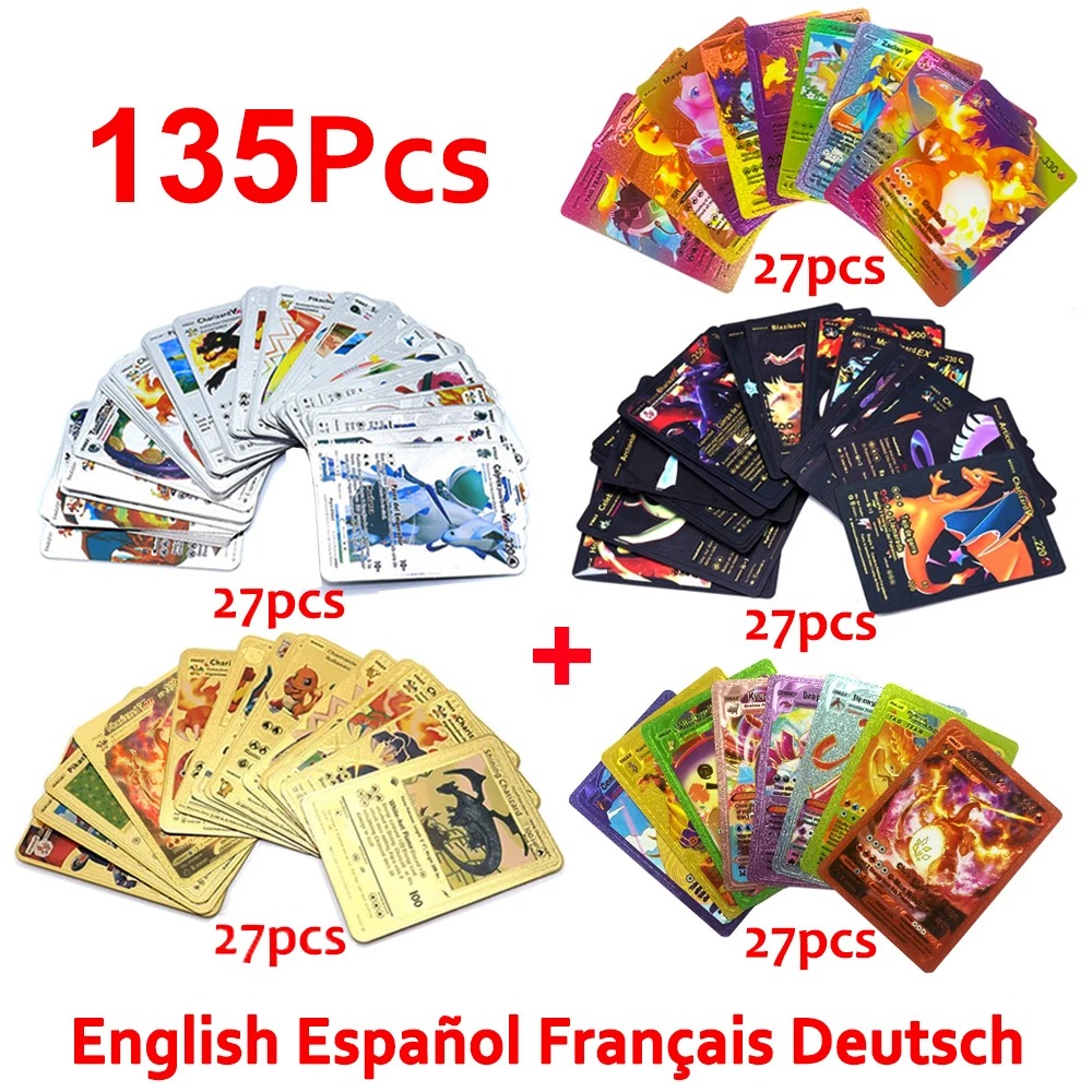 Pokemon-Karte, Englisch, Spanisch, Französisch, Deutsch, Gold, bunt, Vmax, GX, EX, V-Karten, Pikachu, Glurak, seltene Sammlung, Kampfgeschenke, Spielzeug