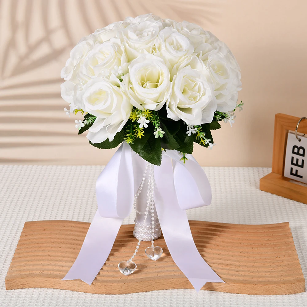 1PC 사랑 크리스탈 펜던트 웨딩 부케 신부 들러리 화이트 로즈 꽃 꽃다발 결혼식 신부 샤워 장식