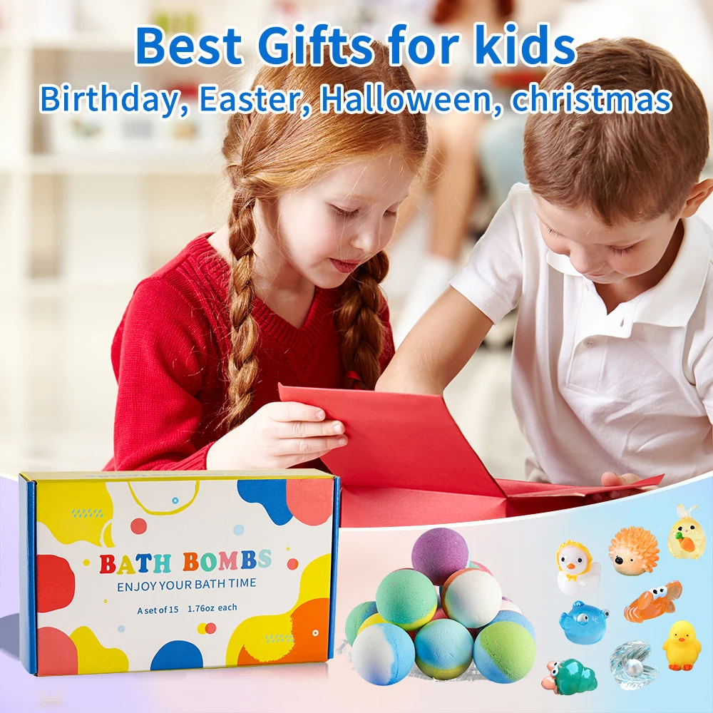 Bath Bombs สําหรับเด็กที่มีความประหลาดใจภายใน,ชุดของขวัญระเบิดอาบน้ําสําหรับเด็ก 15 แพ็ค, ออร์แกนิกธรรมชาติเด็ก Bubble Bath Fizzy พร้อมของเล่นอาบน้ํา