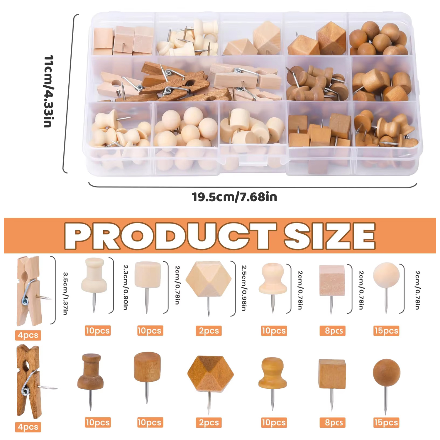 114//118/180/270Pcs 7 Style Wooden Push Pin Decorative Thumb Tack for Cork Board Document Drawing Office Classroom Home Craft