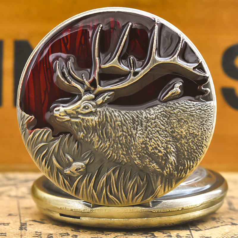 Steampunk Vintage Bronze Elk Carved Quartz Pocket Watch Necklace Pendant Clock Chain Men Women Chain Gift