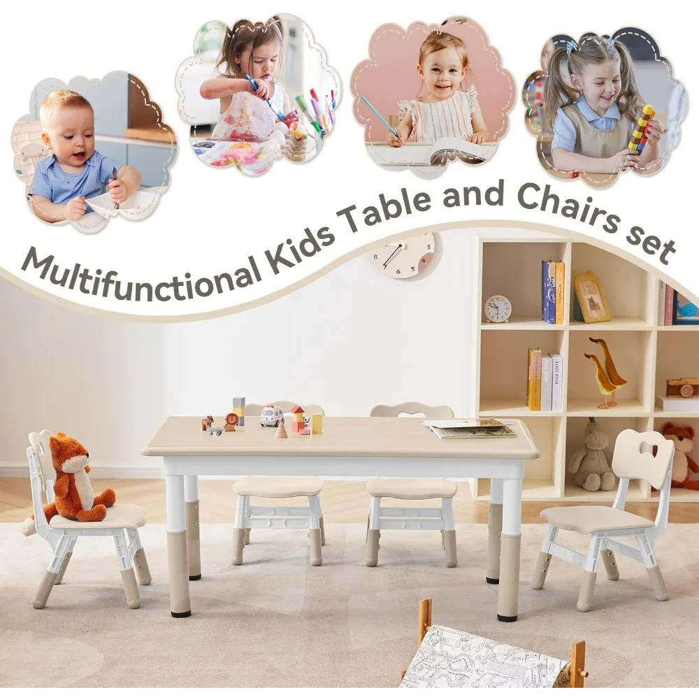 Kids Study Table and Chairs Set, Height Adjustable Toddler Table and Chair Set for Kids Ages 3-8, Graffiti Desktop (Burlywood