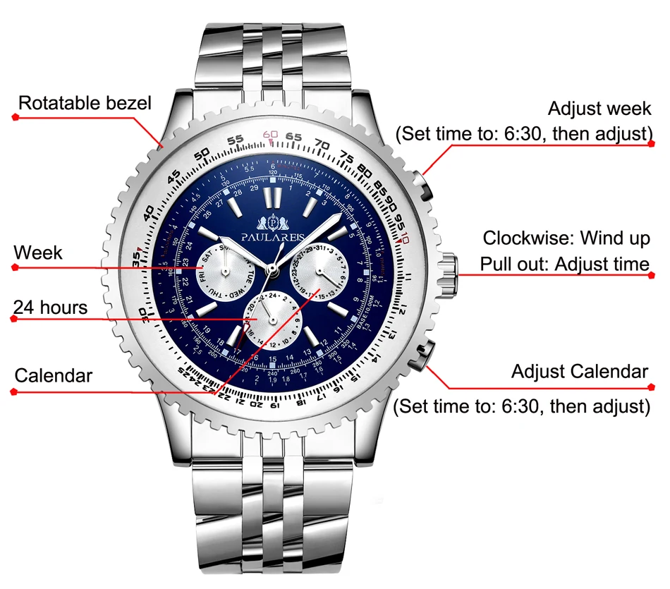 Automatic Self Wind Mechanical Stainless Steel Strap Fashion Sports Blue Black White Big 50mm Classic Luxury Men Watch