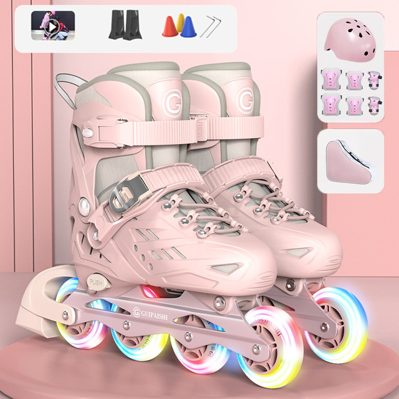 Inline-Rollschuhe mit Helm, Ellenbogen und Knieschützern, Schuhtaschen-Set, Flash 4-Räder, Turnschuhe für Jungen und Mädchen, verstellbare Skateschuhe