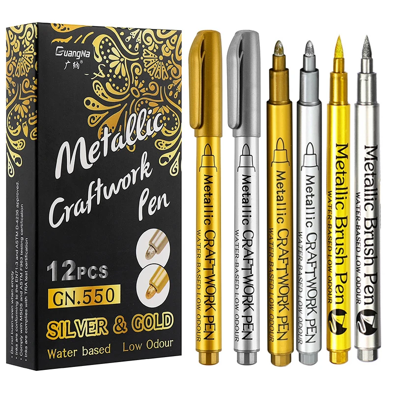 8 ชิ้น/เซ็ต METALLIC MARKER ปากกาทองเงินสีแปรงปากกา Medium Point Markers สําหรับโลหะ ROCK ภาพวาดกระดาษสีดําการ์ดทํา