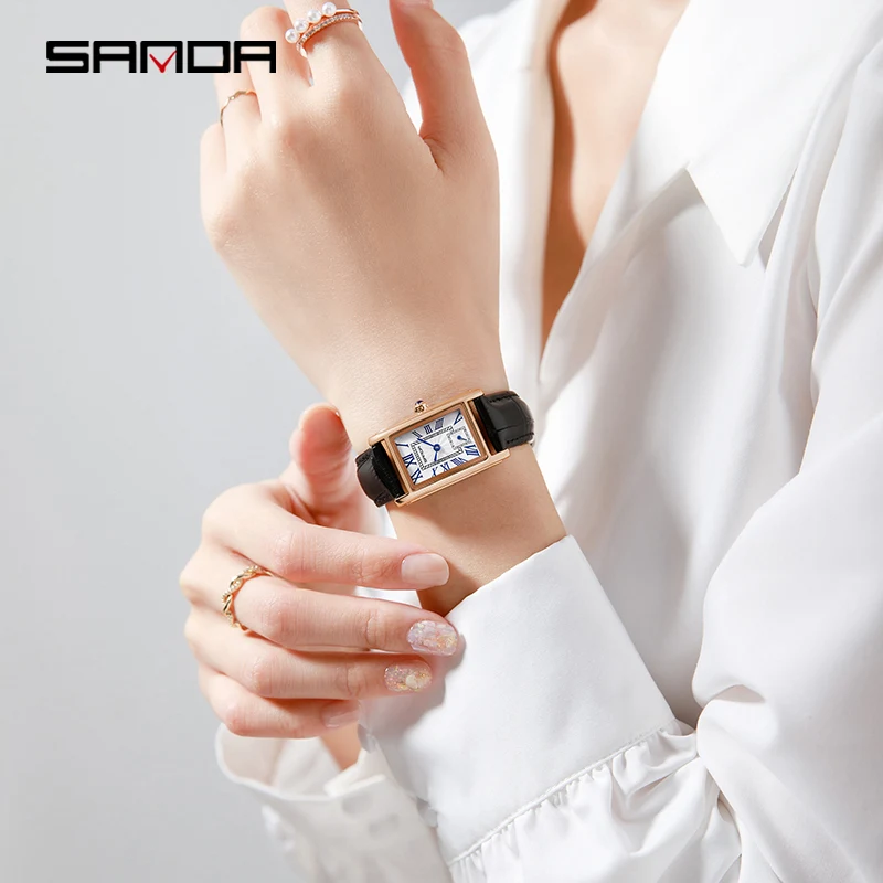 SANDA, nueva moda, diseño elegante, esfera rectangular, cuero resistente al agua, movimiento de cuarzo, regalo de negocios, reloj de pulsera analógico para mujer