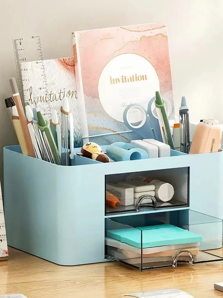 1PC ปากกา 2 ลิ้นชัก Multi-Functional ผู้ถือดินสอสําหรับผู้ถือโต๊ะกล่องเก็บสําหรับโต๊ะอุปกรณ์สํานักงานโต๊ะเครื่องแป้ง
