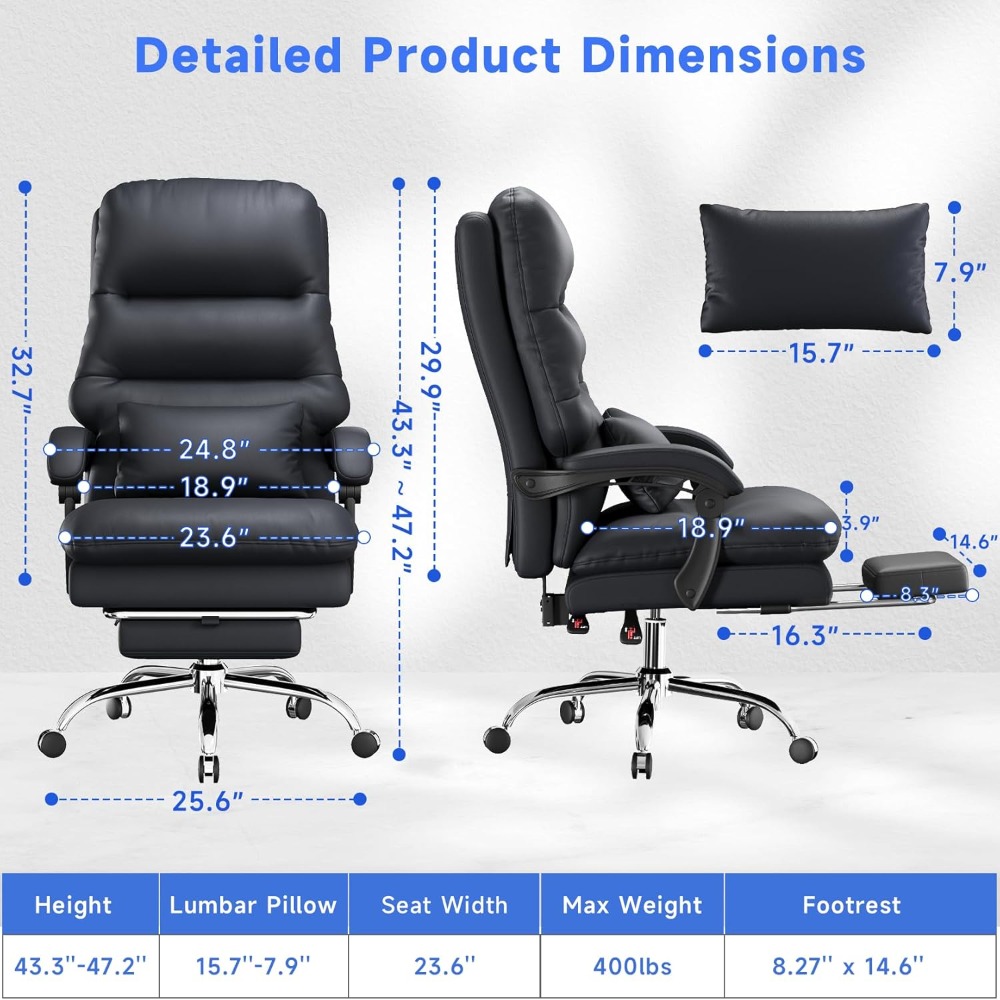 Big and Tall Office Desk Chair, Ergonomic Office Chair, 400LBS PU Leather Computer Chairs, Executive Office Chair