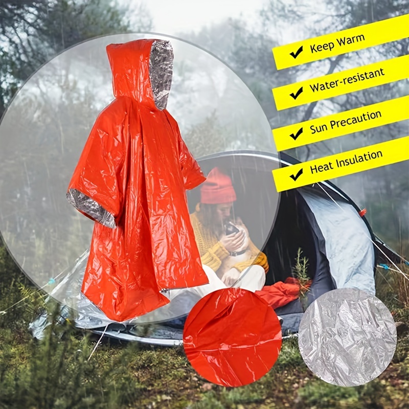 Poncho de chuva de emergência resistente com capuz, Cobertor térmico reutilizável para acampar e sobrevivência, Equipamento impermeável, Kits de emergência