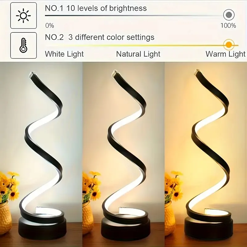 USB 플러그인 크리에이티브 스파이럴 LED 무드등, 밝기 조절 가능 3색 테이블 무드등, 거실, 사무실 책상, 침실 침대 옆 장식용