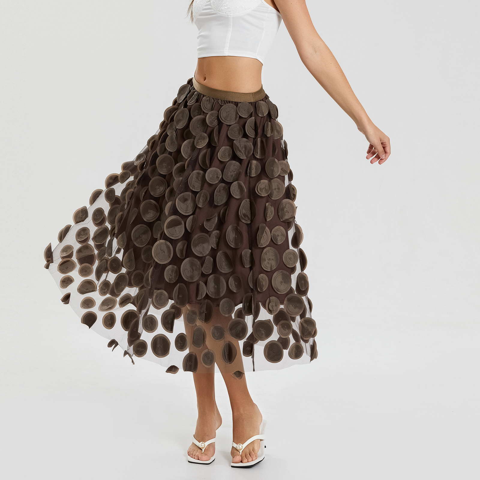 Vrouwen Tule Tutu Rok Effen Kleur 3D Dot Elastische Mesh Fee A-lijn Rok voor Beach Party Streetwear