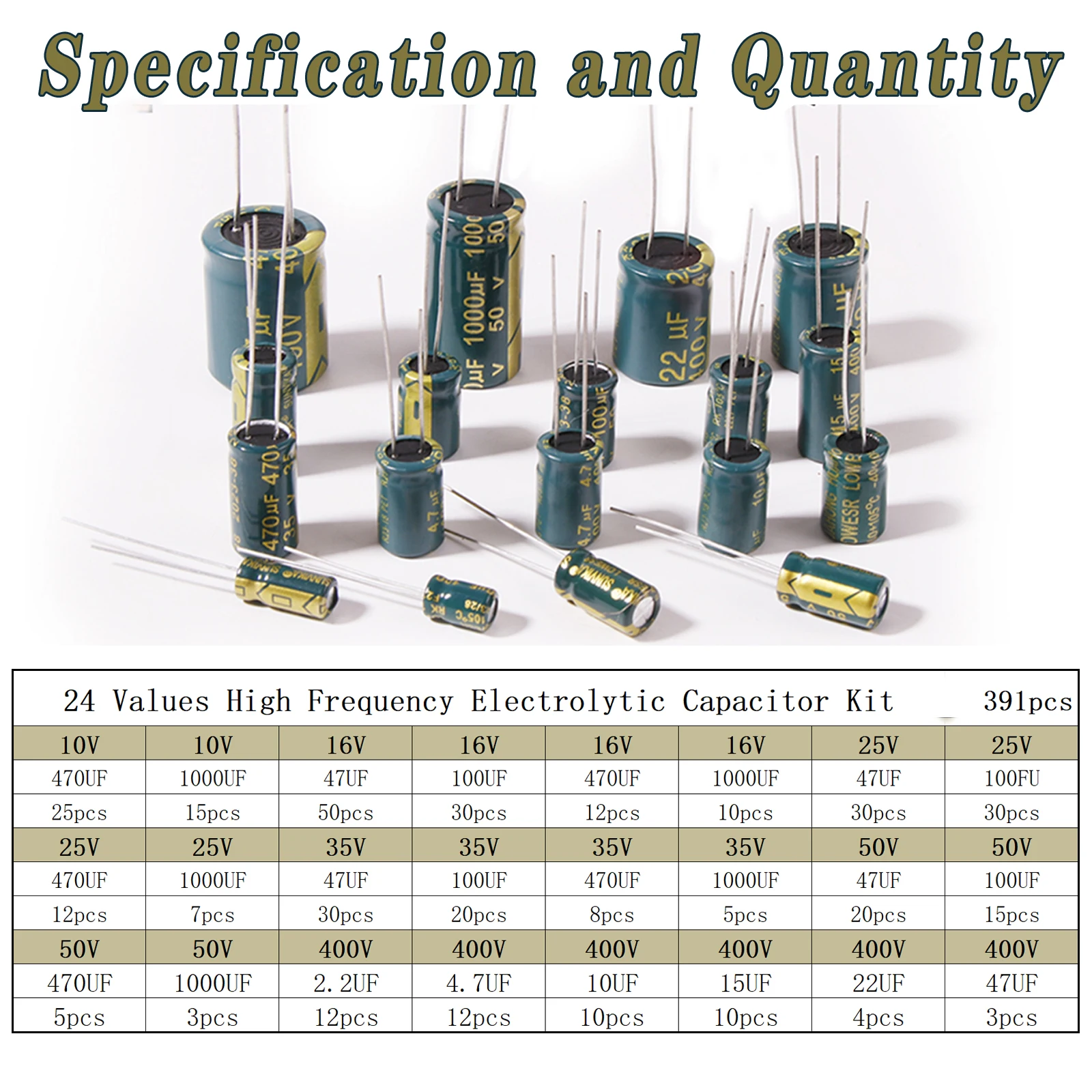 Kit de condensadores electrolíticos surtido de alta frecuencia 10v 16v 25v 35v 50v 400v 10uf 100uf 470uf 1000uf