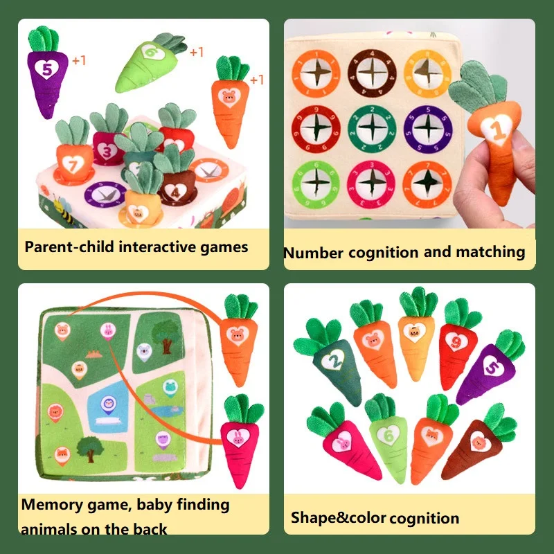 Gioco per tirare carote per bambini Gioco per carote in cotone Montessori Classificazione dei colori della forma Riconoscimento puzzle abbinato 0-3 Giocattoli per bambini