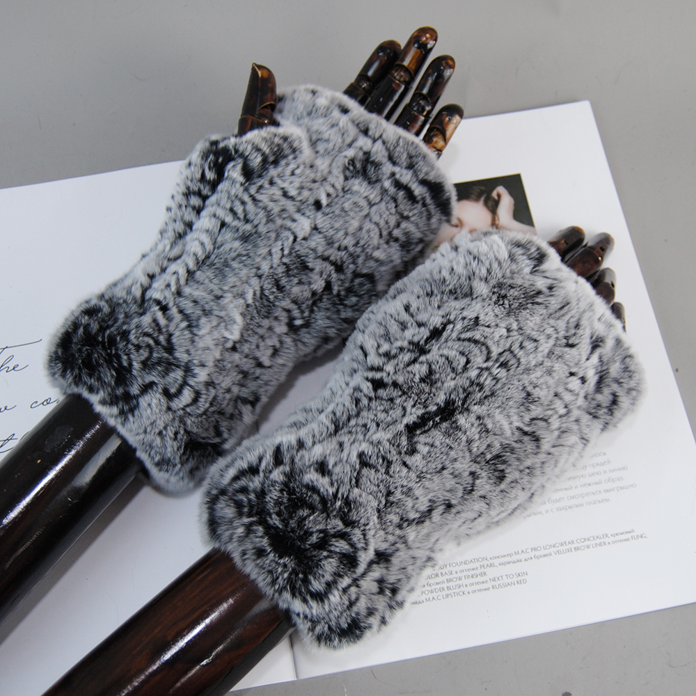 Guantes sin dedos de piel de conejo Rex para mujer, mitones de punto 100% auténtica, cálidos, de invierno, novedad