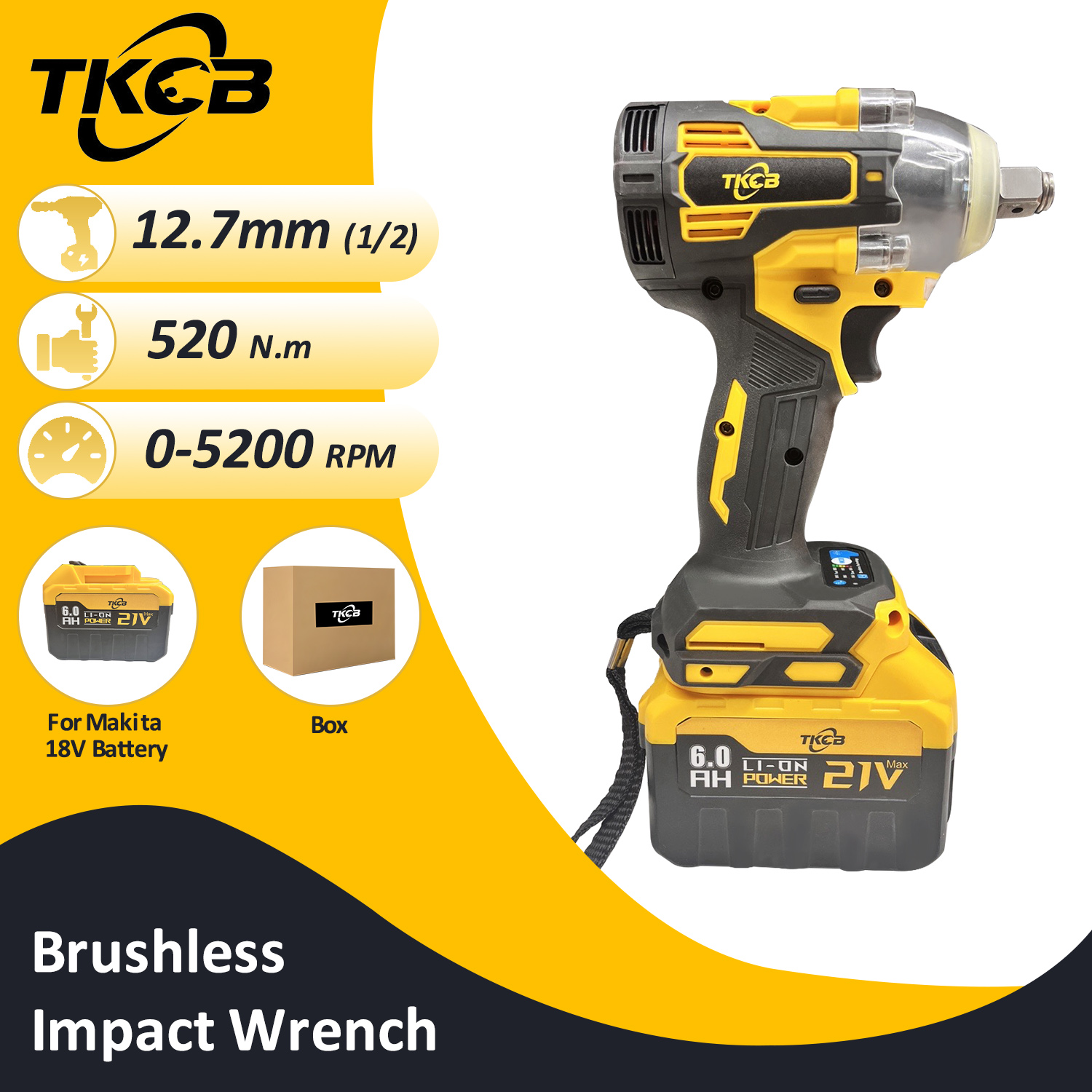 Аккумуляторный ударный гайковерт с крутящим моментом 520 Нм, бесщеточный ключ, электрический ключ 1/2 дюйма для аккумуляторной отвертки Makita 18 В, электроинструменты