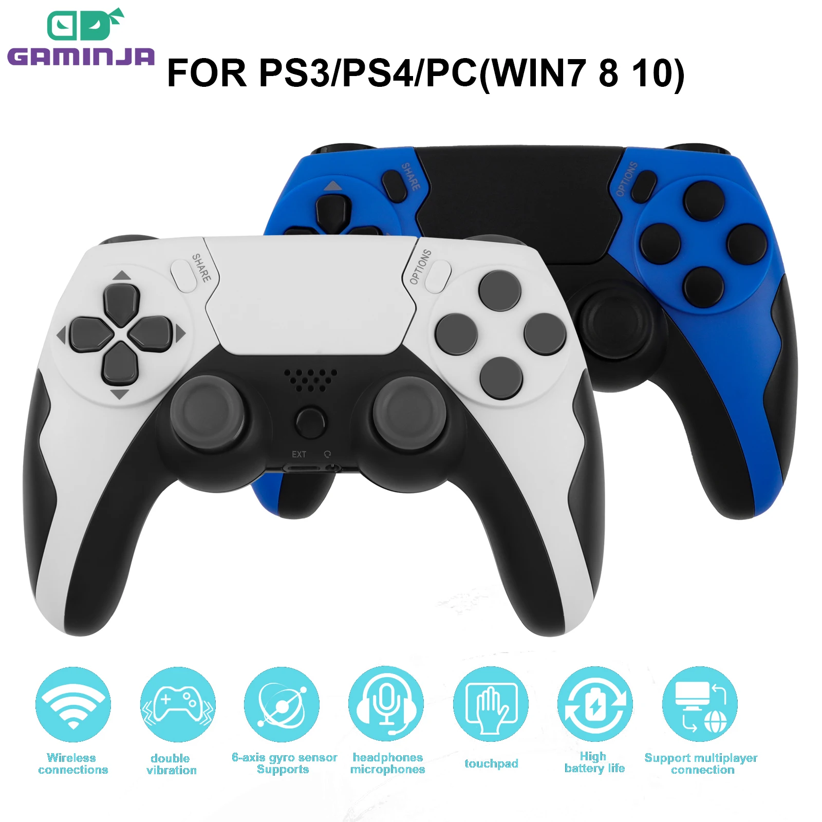 GAMINJA P48 Wireless Controller BT Gamepad Double Vibration No Latency With Touchpad Microphone Earphone Port For PS4 PS3 PC