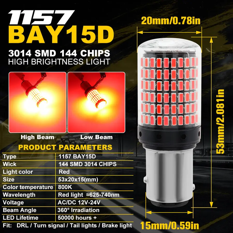 2x Đỏ 1157 BAY15D LED Xi Nhan Canbus 144 SMD 20W Phanh Ngược Đèn Đuôi Bóng Đèn