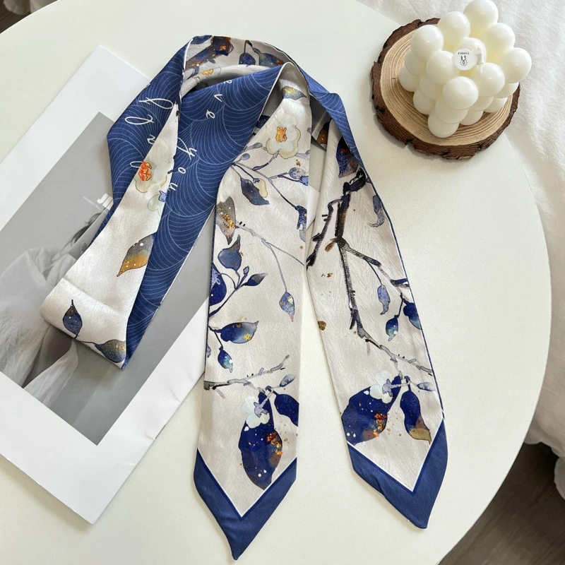 Diadema con estampado de Floret para mujer, bolso de satén de seda, bufanda para mujer, cinta para la muñeca larga delgada, bufandas para el cuello, bufandas para el cabello para mujer
