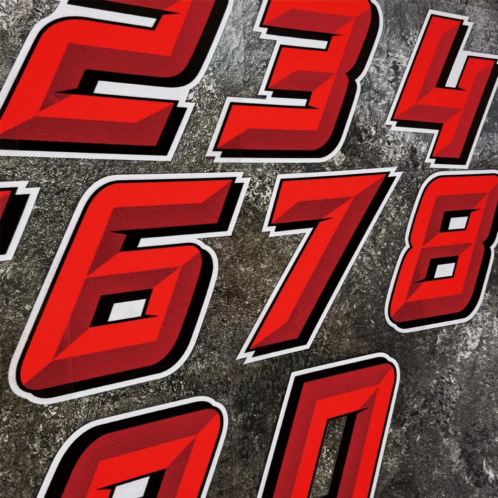 0123456789   Pegatinas de número rojo para motocicleta, carenado de tanque de combustible, calcomanías de vinilo impermeables, decoración de casco de carreras DIY