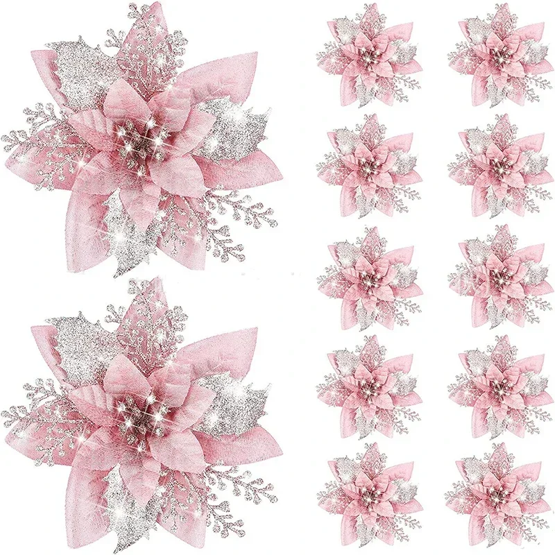 5 pçs 14.5cm glitter flores artificiais de natal mreey decoração da árvore de natal feliz ano novo ornamentos natal flores falsas natal