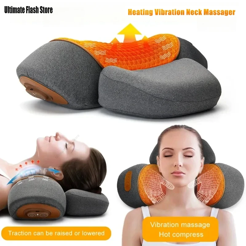 Elektrisches Nackenmassagegerät, Nackenkissen, heiße Kompresse, Nackenstretch, Heizung, Vibration, Nacken- und Schultermassagekissen, Rückentraktion