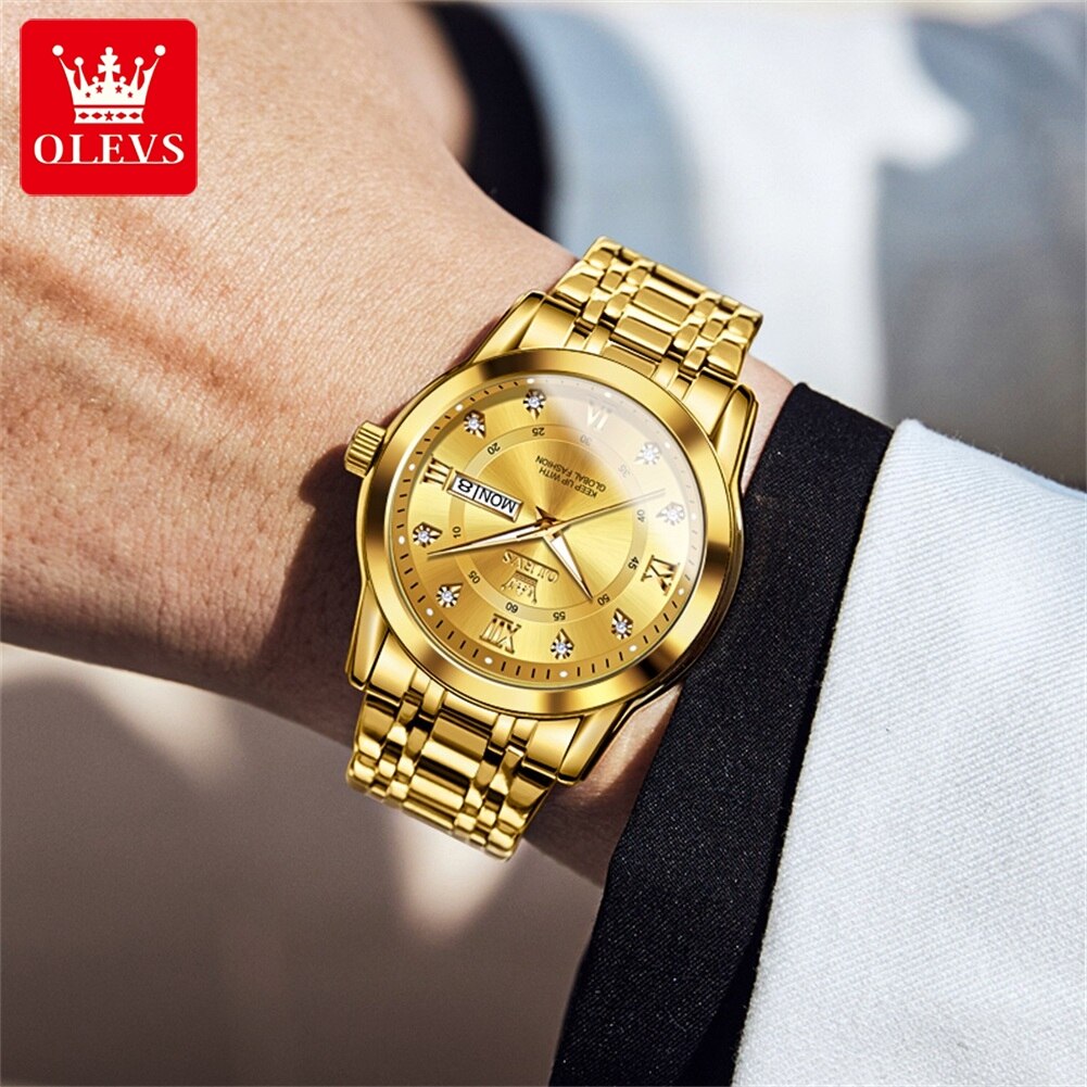 OLEVS-reloj de cuarzo para hombre, cronógrafo de lujo con diamantes dorados, resistente al agua, luminoso, de acero inoxidable, para negocios
