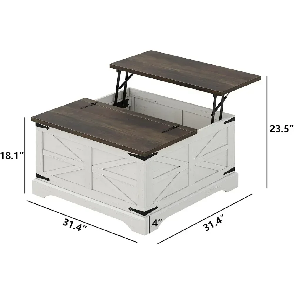 Mesa central quadrada de madeira com grande compartimento de armazenamento oculto, mesa moderna branca rústica de coquetel com tampo de elevação articulado