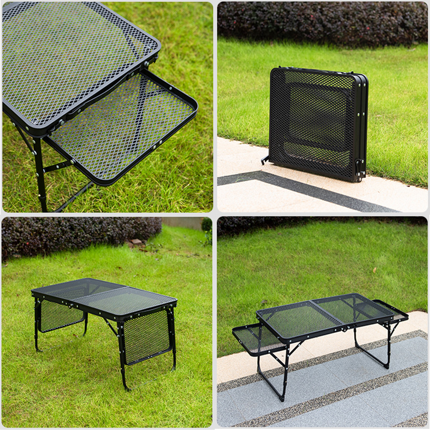 Mesa de acampamento mesa dobrável de malha de ferro portátil acampamento ao ar livre com prateleira de elevação mesa de jantar de liga de alumínio