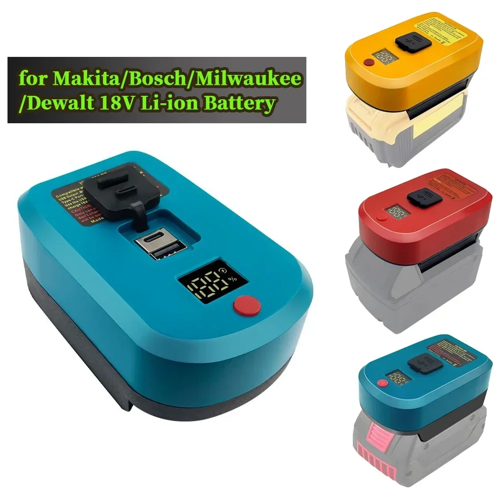Cargador adaptador para batería de iones de litio Makita/Bosch/Milwaukee/Dewalt de 18V con cargador de entrada y salida USB tipo C de carga rápida