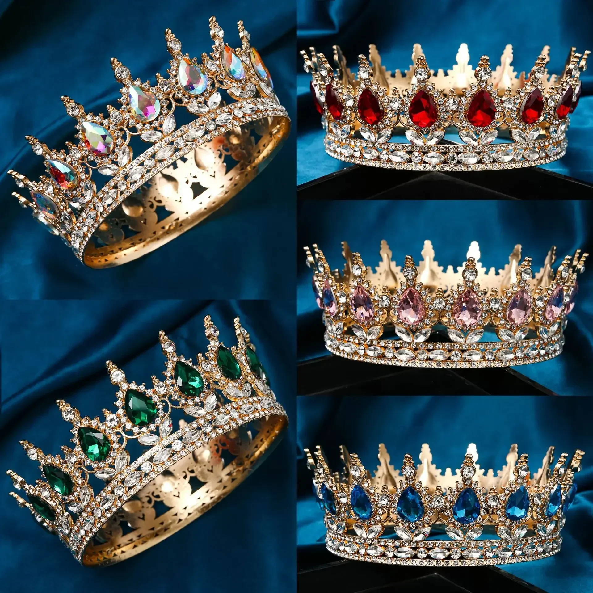 Corona de boda redonda barroca, desfile nupcial, Tiaras de cristal con diamantes de imitación, tocados moldeados de corona para reinas y rey
