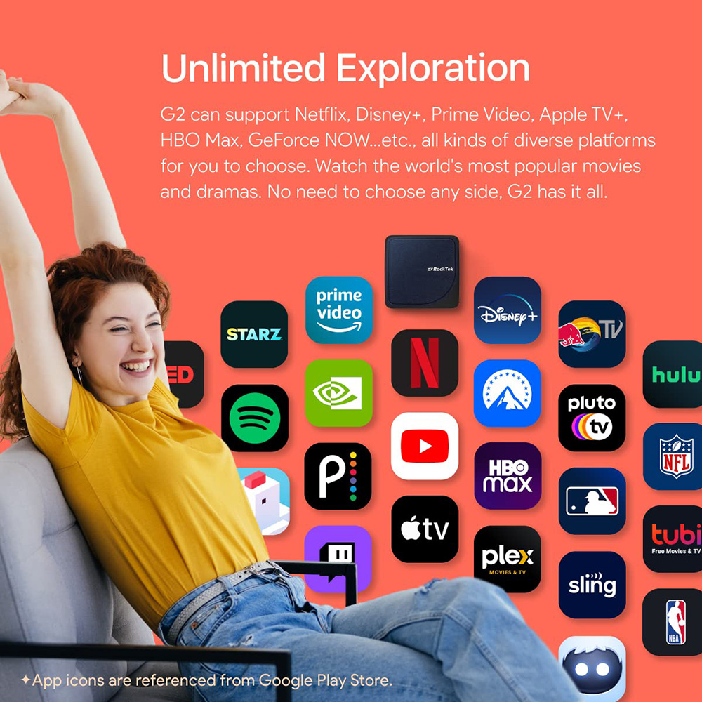 RockTek G2 4K AndroidTV 14 or 12 Stream Box Netflix Google Certified Amlogic S905X4-K 4G64G Support DTS Dolby Audio Dolby Vision