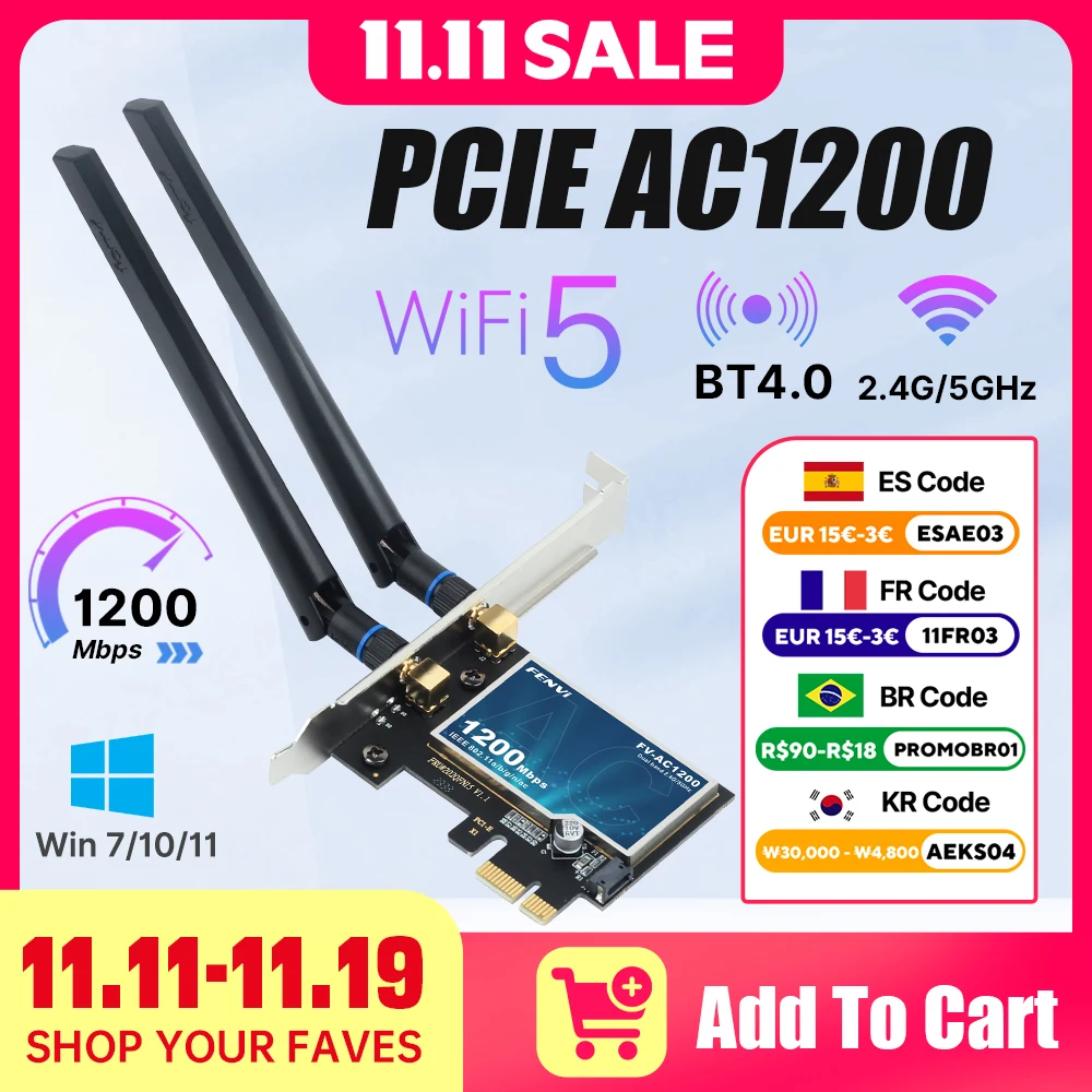 Fenvi WiFi5 AC1200 PCIE WiFi-адаптер BT4.0 1200 Мбит/с Wi-Fi-карта двухдиапазонная сеть 802.11ac обновление для Win 7/10/11 настольных ПК