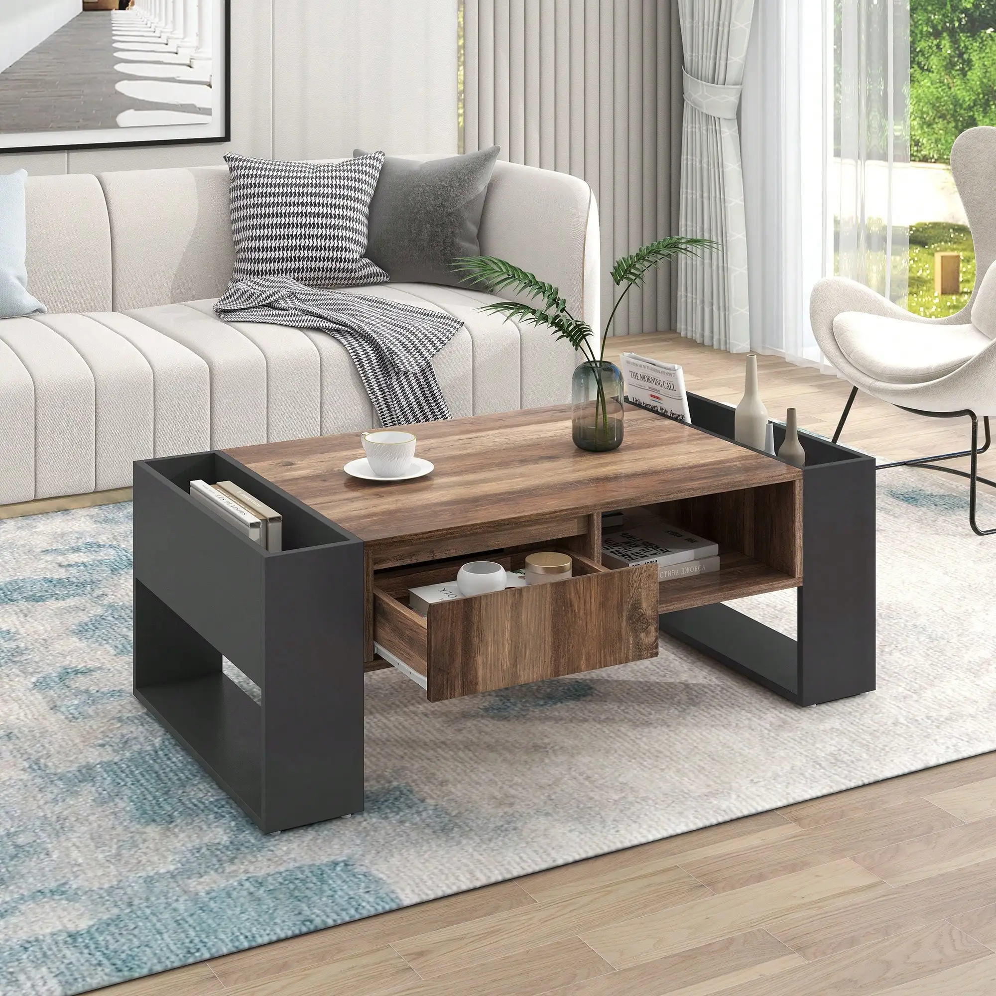 Mesa de centro de grão de madeira KOMHTOM, mesa lateral com prateleira dupla face, mesa de sala de estar com gavetas, espaço de armazenamento para quarto