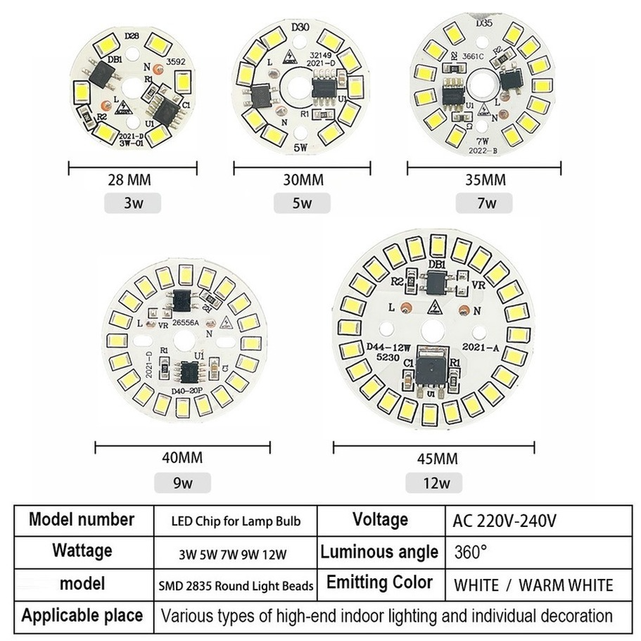 Puce LED pour ampoule 3W 5W 7W 9W 12W SMD 2835 perles de lumière rondes AC 220V-240V, projecteur d'éclairage à puce 90 Lumen/W