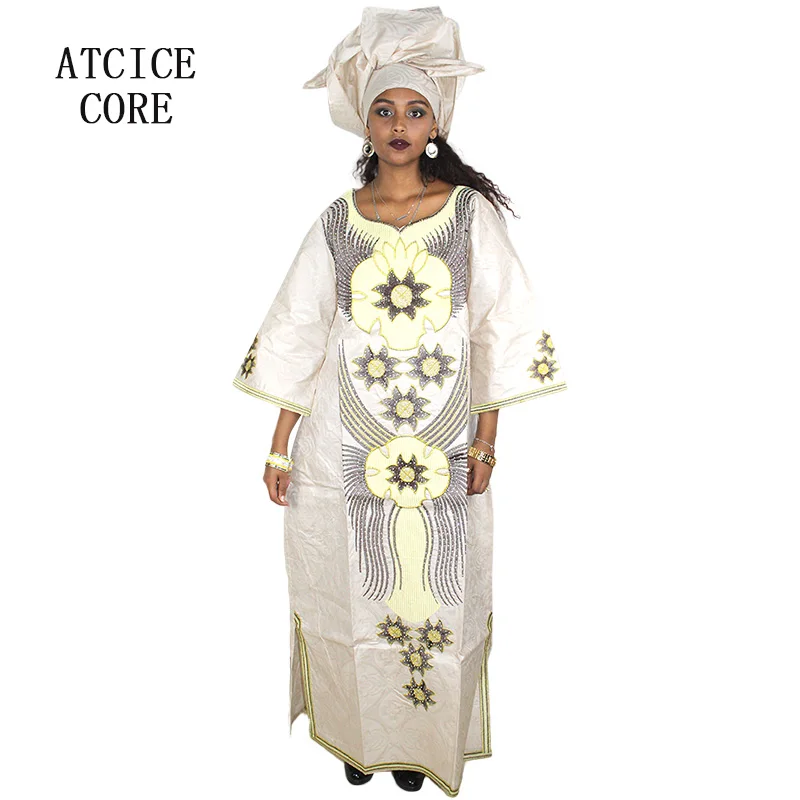 Vestidos africanos para mulher Bazin Riche bordado design vestido longo com lenço conjunto de 2 peças