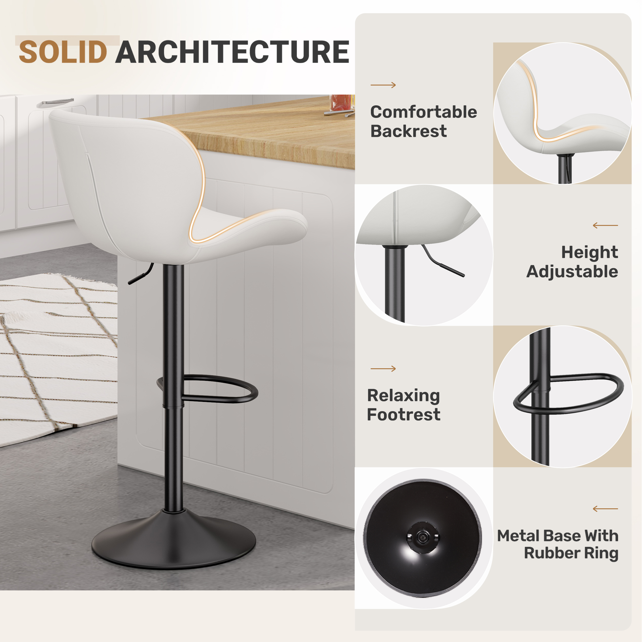 2Pcs Swivel Bar Stools, PU Leather Upholstered Barstools with Back & Footrest, Seat Adjustable Height，  For Bar Kitchen Island