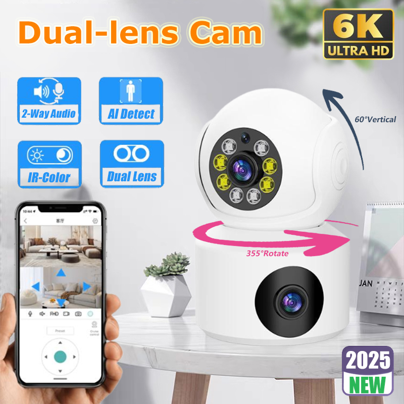 Cámara giratoria de doble lente 6K WiFi vigilancia seguimiento automático Audio bidireccional Monitor de visión nocturna a Color cámara web inteligente para interiores