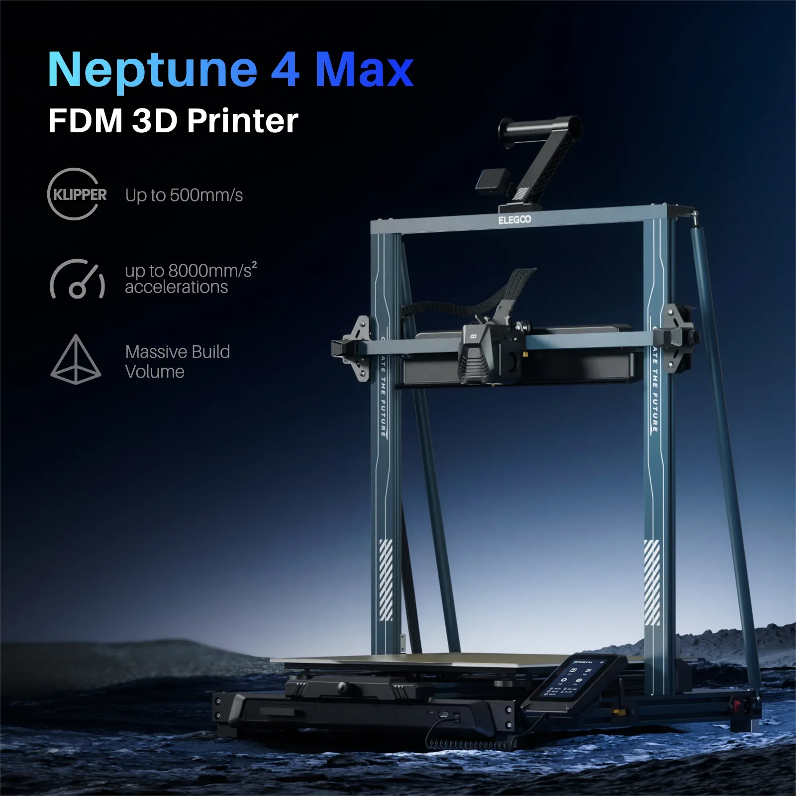 Impressora 3D ELEGOO NEPTUNE 4 MAX FDM com velocidade de impressão de até 500 mm/s, extrusora direta de engrenagem dupla, volume de construção 420x420x480mm