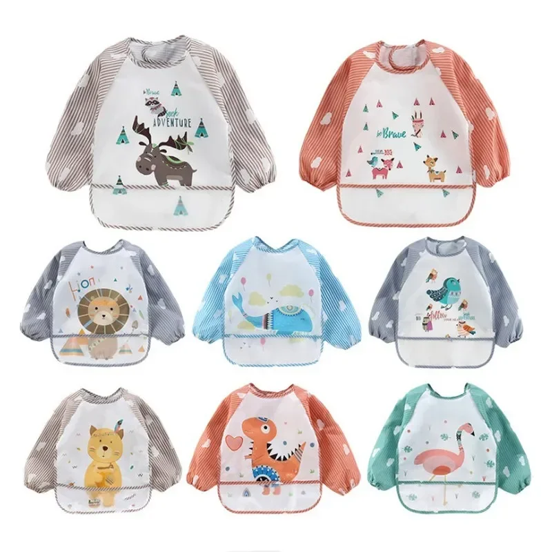 For1-3Year เด็กแขนยาวผ้าพันคอกันน้ําเด็กวัยหัดเดิน Art Smock Feeding Bib ผ้ากันเปื้อนกระเป๋าเด็กทารกเด็กหญิง Burp ผ้ากล้วย Bibs