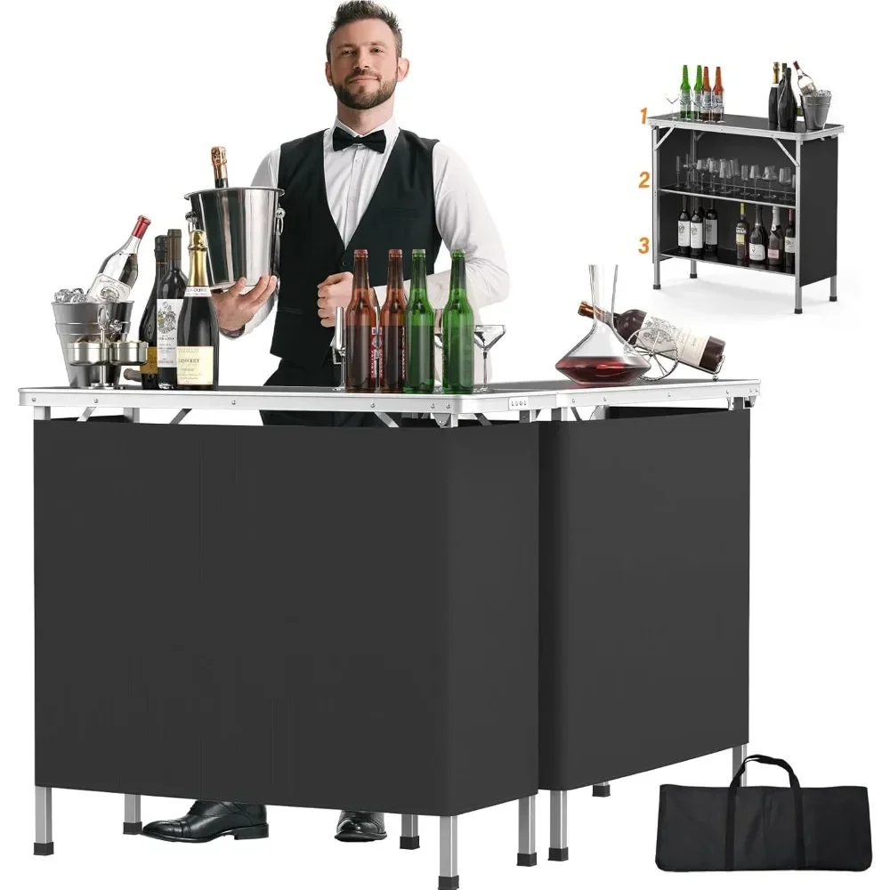 Portable Bar Table, 3-Tier Shelves, Mobile Bar Table for Events, Party, Camping, Picnic, Tradeshow, Indoor with Black Skirt